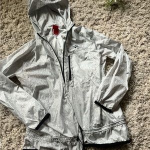 Nike athletic women’s gray white striped long  windbreaker zip up jacket…